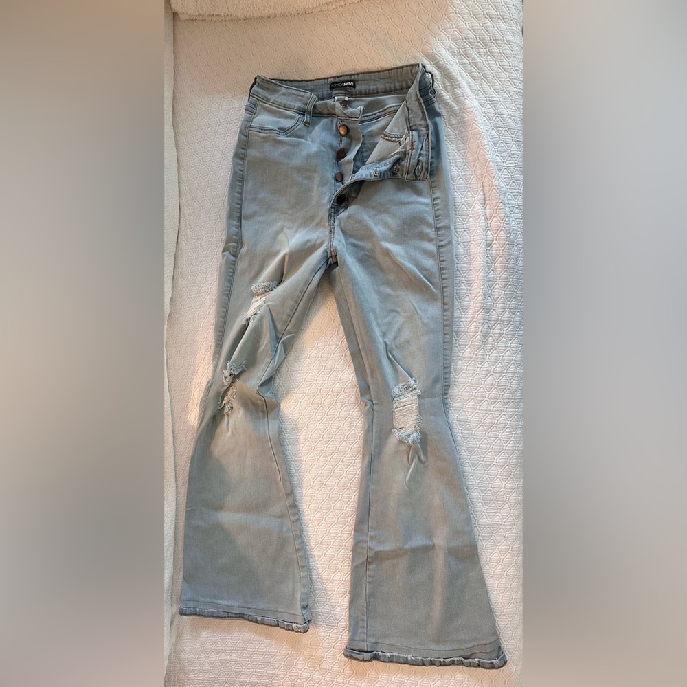 Fashion Nova Light Blue Distressed flare Jeans